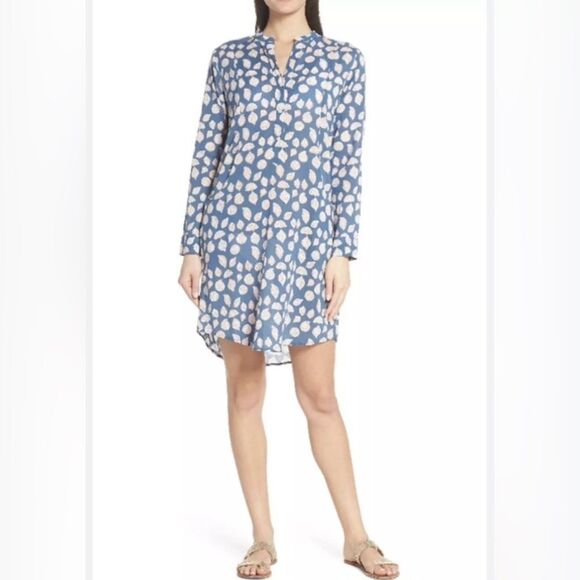 Roller Rabbit (M) Cora Mercury Blue Seashell Split Neck Long Sleeve Mini Dress - Picture 1 of 6